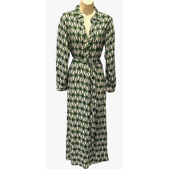 ZARA Green Black 100% Viscose Geometric Print Belted Shirt Midi  Dress - Picture 1 of 13
